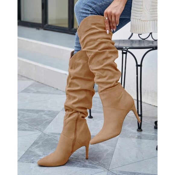 Womens Faux Suede Khaki Knee High Almond Toe Side Zipper Stiletto Heel Booties - Picture 2 of 6